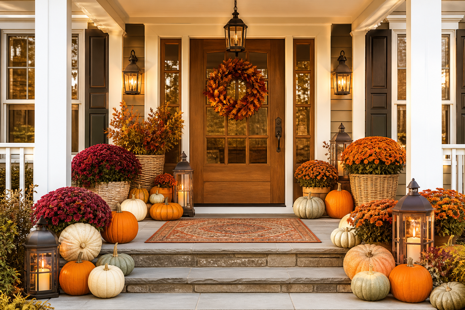 Front porch decorated for fall with pumpkins, mums, lanterns, and a wreath on the door.