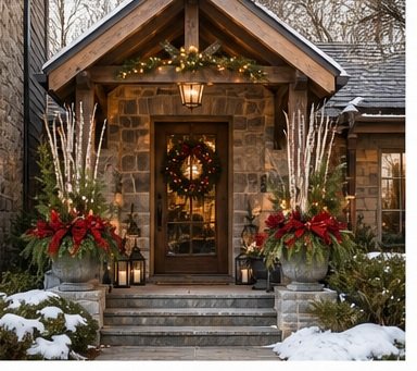 Front entrance of a house decorated for Christmas with a wreath on the door, potted poinsettias, and holiday lights