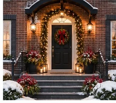 Front porch decorated for Christmas with a wreath on the door, string lights, and potted poinsettias, surrounded by snow.