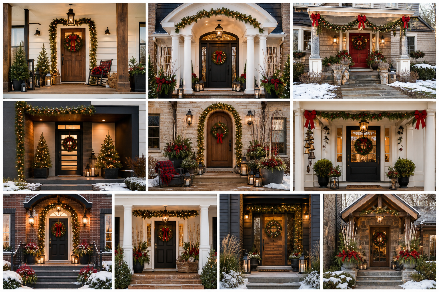 Collage of ten beautiful Christmas porches with evergreen garlands, wreaths, warm lights, winter planters, bows, lanterns, and snow.