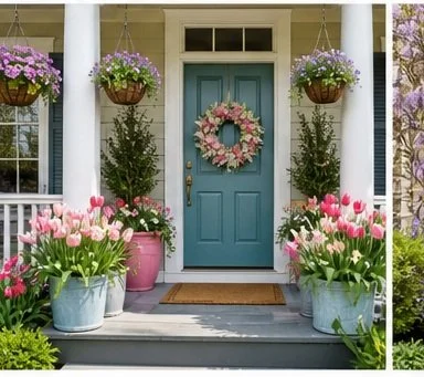 Front porch decorated with pink tulips in white pots, two potted evergreen trees, a pink flower pot, a pink wreath on a teal door, and hanging flower baskets, with flowering trees in the background.