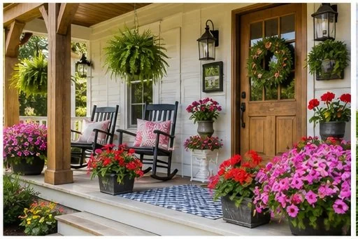 Decorative front porch with hanging plants, potted flowers, and two black rocking chairs.