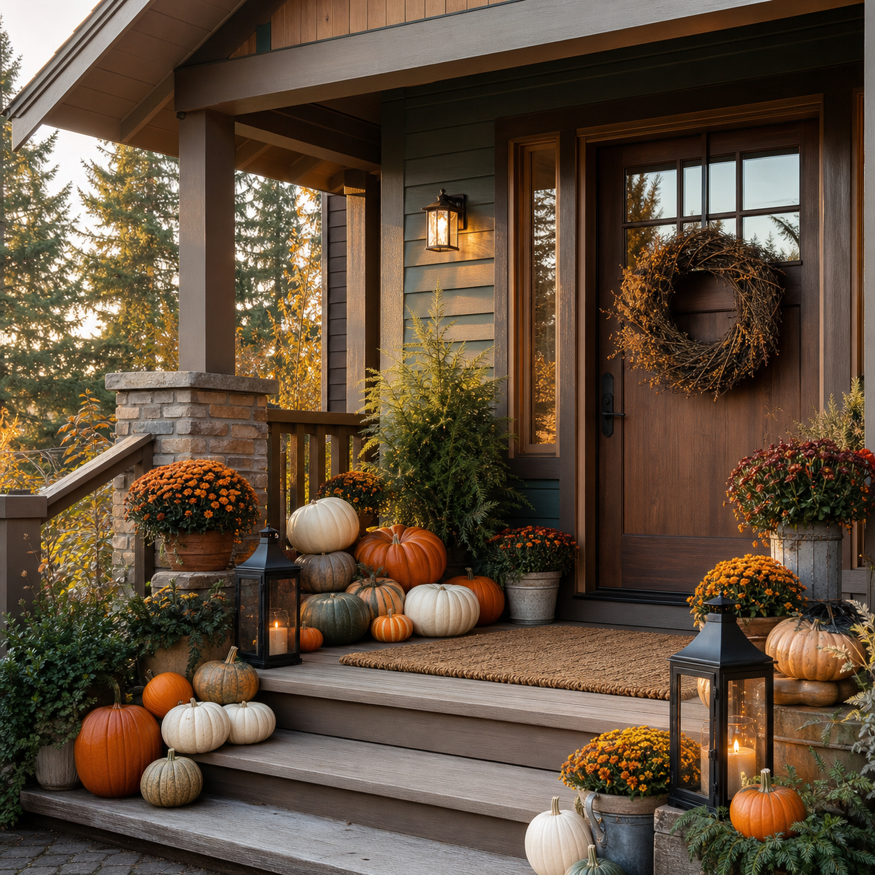 Front porch decorated for fall with pumpkins, potted plants, lanterns with candles, and a wreath on the door.