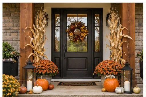 Front porch decorated for fall with pumpkins, potted mums, lanterns, and a autumn wreath on a black door.