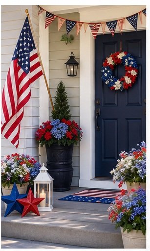 Patriotic Fourth of July decorated front porch with American flag, bunting, flower wreath, potted plants, and star-shaped decorations.