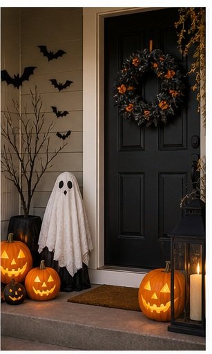 Front door decorated for Halloween with a black door, orange and black wreath, and glowing carved pumpkins on porch with a ghost-shaped sheet, lit lanterns, and Halloween wall decorations.
