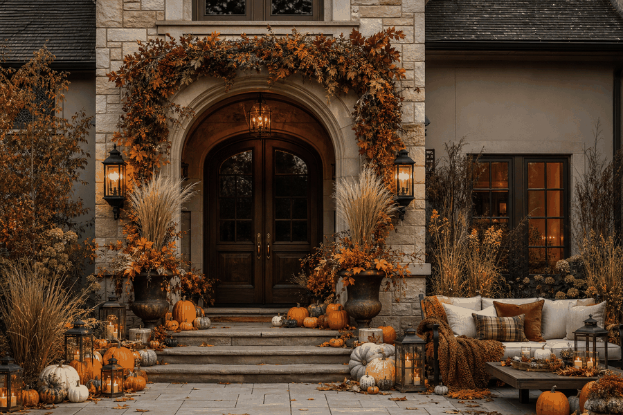 Autumn-themed home exterior decorated with pumpkins, gourds, and fall foliage around a dark wood front door, with outdoor lanterns and a cozy seating area with cushions and a blanket.