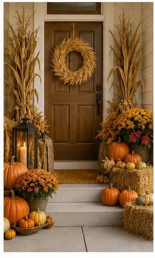 Decorative fall harvest scene in front of a wooden door with a wreath, surrounded by pumpkins, gourds, mums, dried corn stalks, straw bales, and a lantern with a candle.