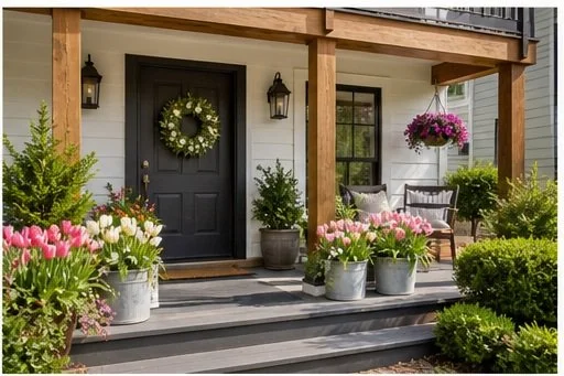 Front porch with black door decorated with a green wreath, surrounded by potted plants and flowers, and hanging flower baskets.