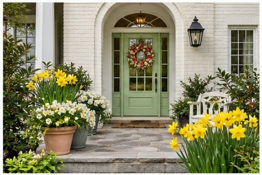 Front entrance of a house with a green door, decorated with a festive wreath, surrounded by yellow and white flowers in pots and gardens, with a stone pathway and a white bench nearby.