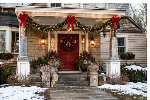 Festively decorated house with red door, red bows, wreath, garland, and snow on the ground.