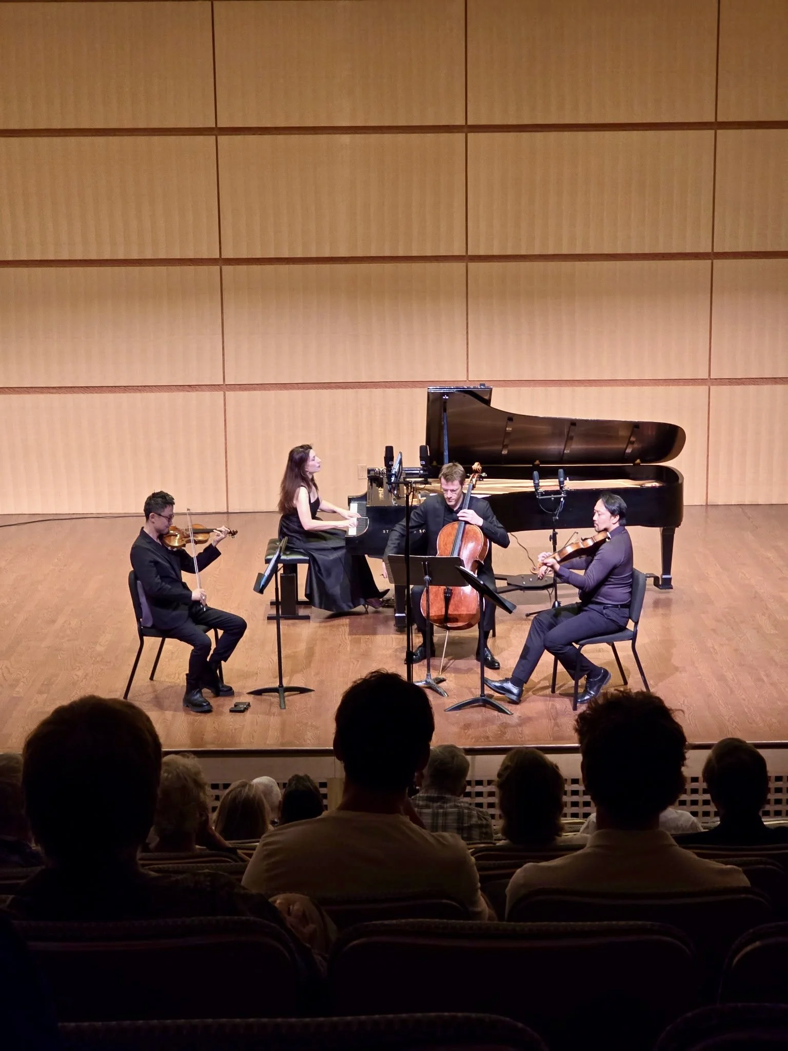 A classical music concert featuring four musicians playing string instruments on stage in a concert hall with an audience watching.