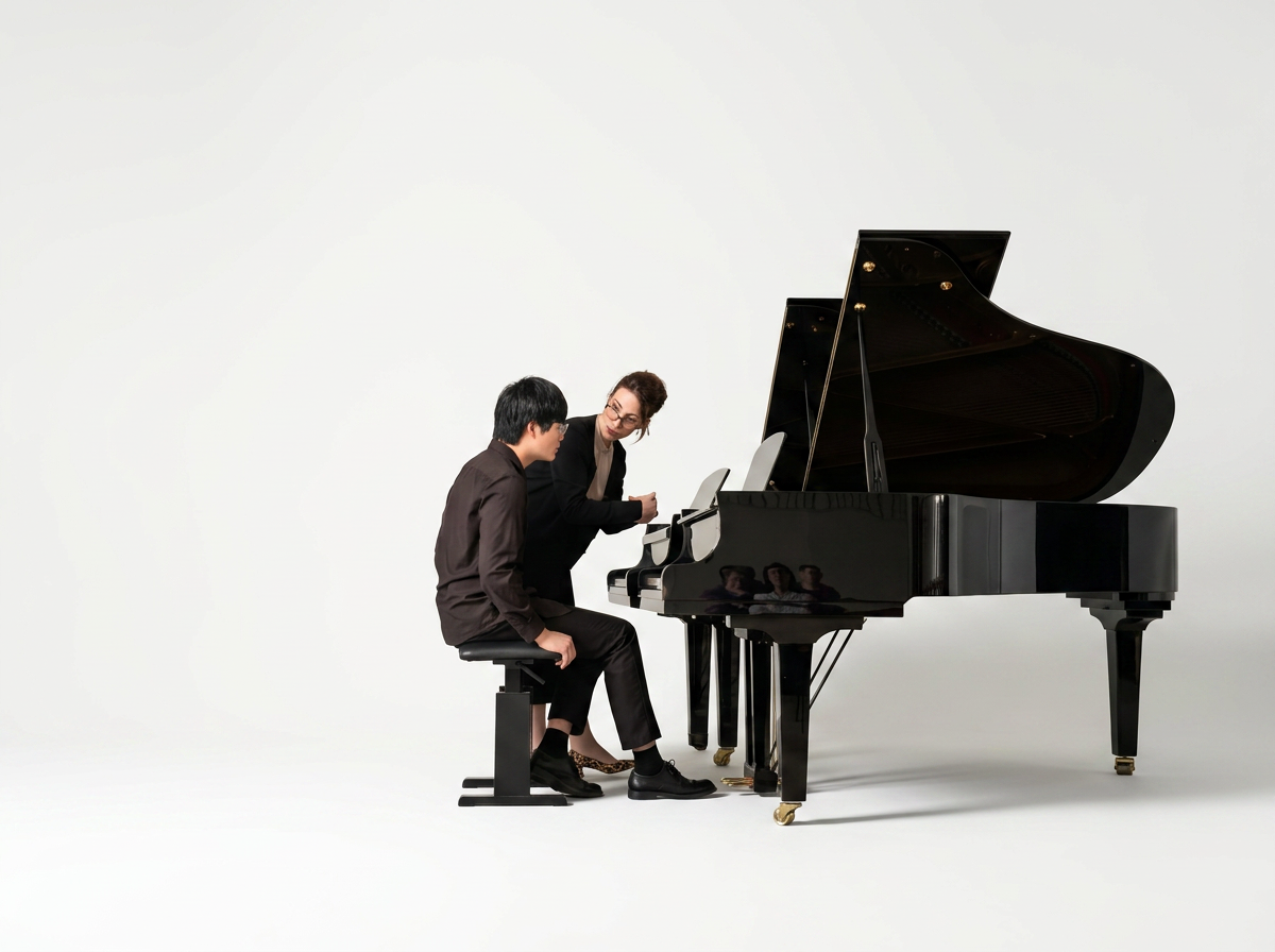 A woman is instructing a man sitting at a grand piano in a music studio with plain white background.