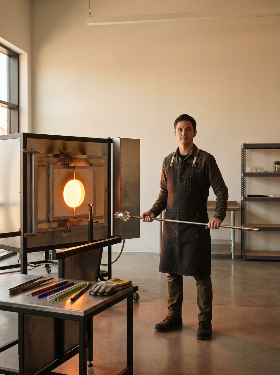 A glassblower holding a metal rod with a glowing piece of glass at the end, working in a studio with tools and shelves.