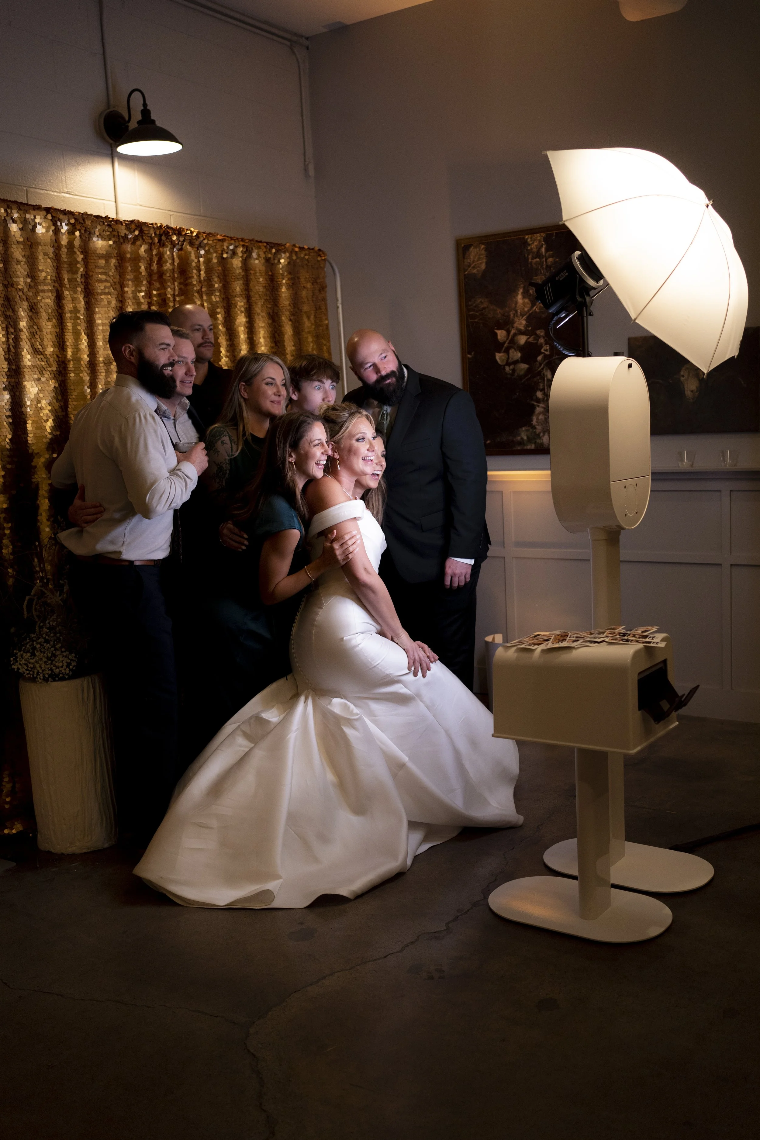 Bride and guests using the Signature Booth with professional studio lighting at a Savannah wedding reception