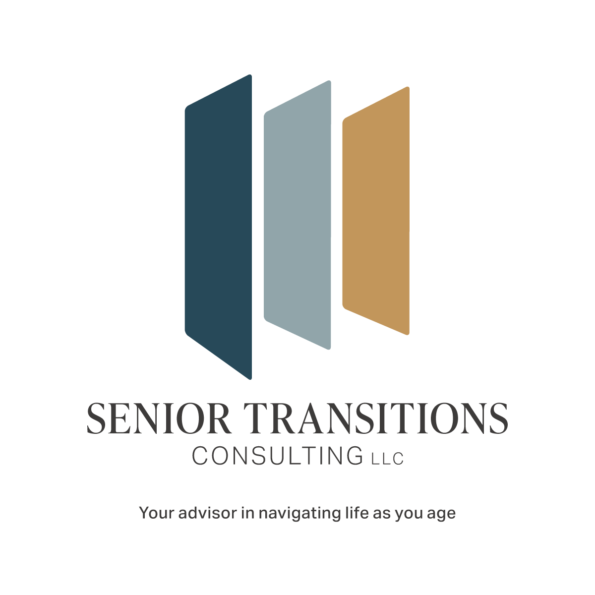 Logo for company featuring three progressively smaller doors transitioning from dark blue to grey to gold. Beneath this reads Senior Transitions Consulting LLC, your advisor in navigating life as you age.