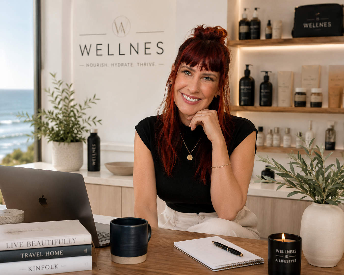 A woman with red hair and a black top sitting at a desk in a wellness or beauty office, smiling with her chin resting on her hand. On the desk are a laptop, books, notebooks, coffee mugs, a pen, and a candle. Behind her are shelves with wellness products, a window with a view of the ocean, and a sign that reads 'WELLNESS' with a slogan underneath.