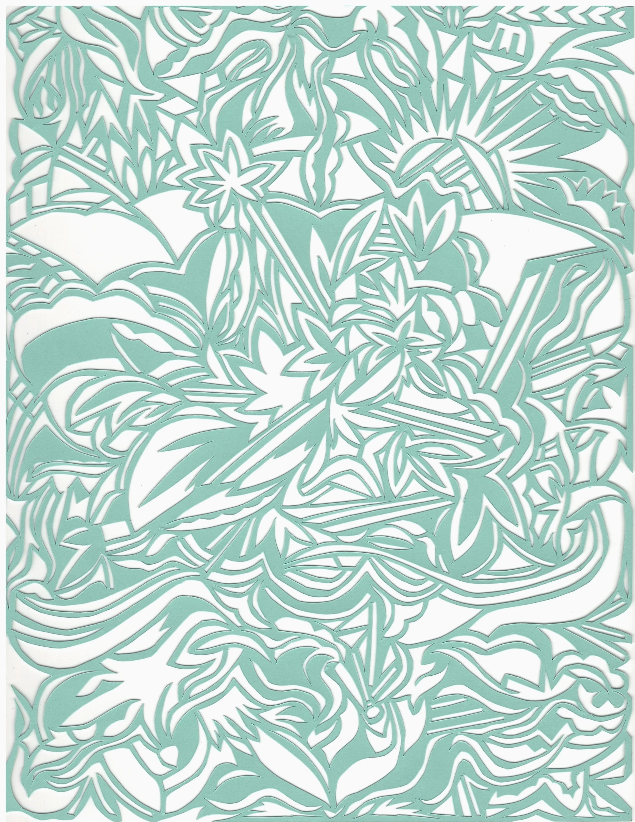 Intricate paper cut-out design with floral and leaf patterns in turquoise with white background.