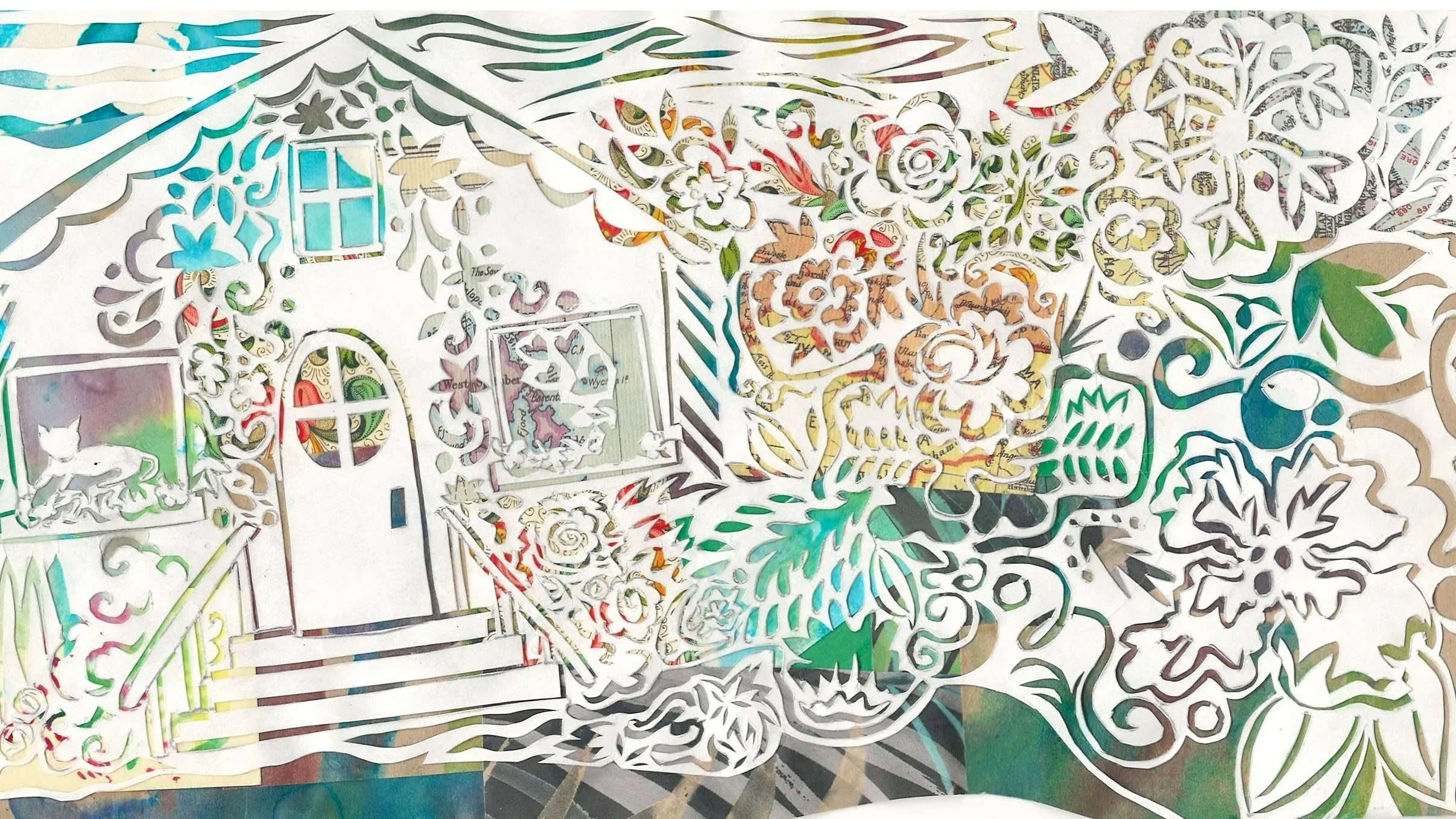 Intricate paper cutout artwork featuring floral and nature motifs, with colored sections visible through cut-out patterns, overlapping with a background of colorful, patterned paper.