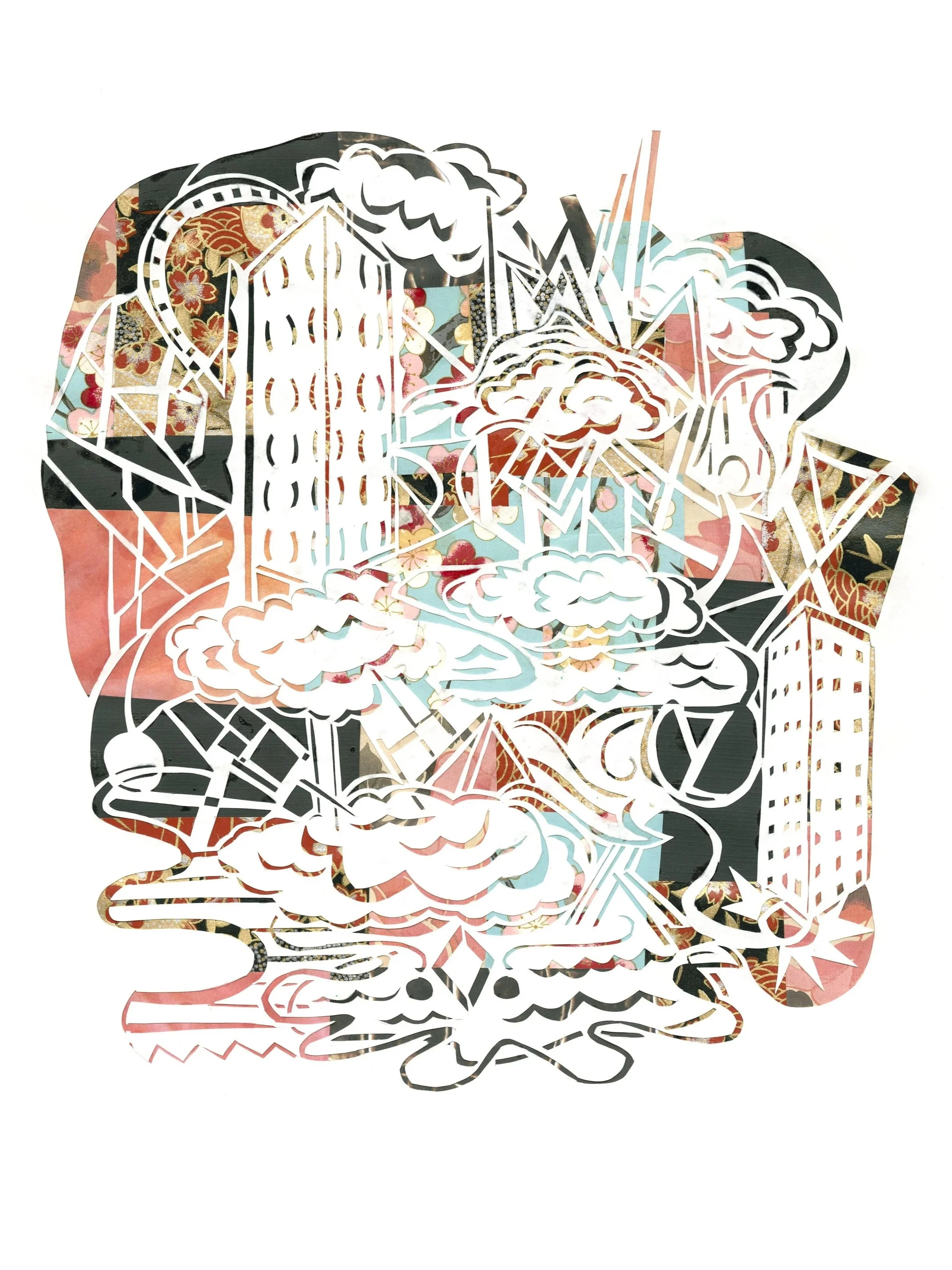 A white paper cut-out silhouette with a colorful, intricate floral and geometric pattern behind it. The silhouette depicts a landscape scene with clouds, a mountain, and cityscape elements.