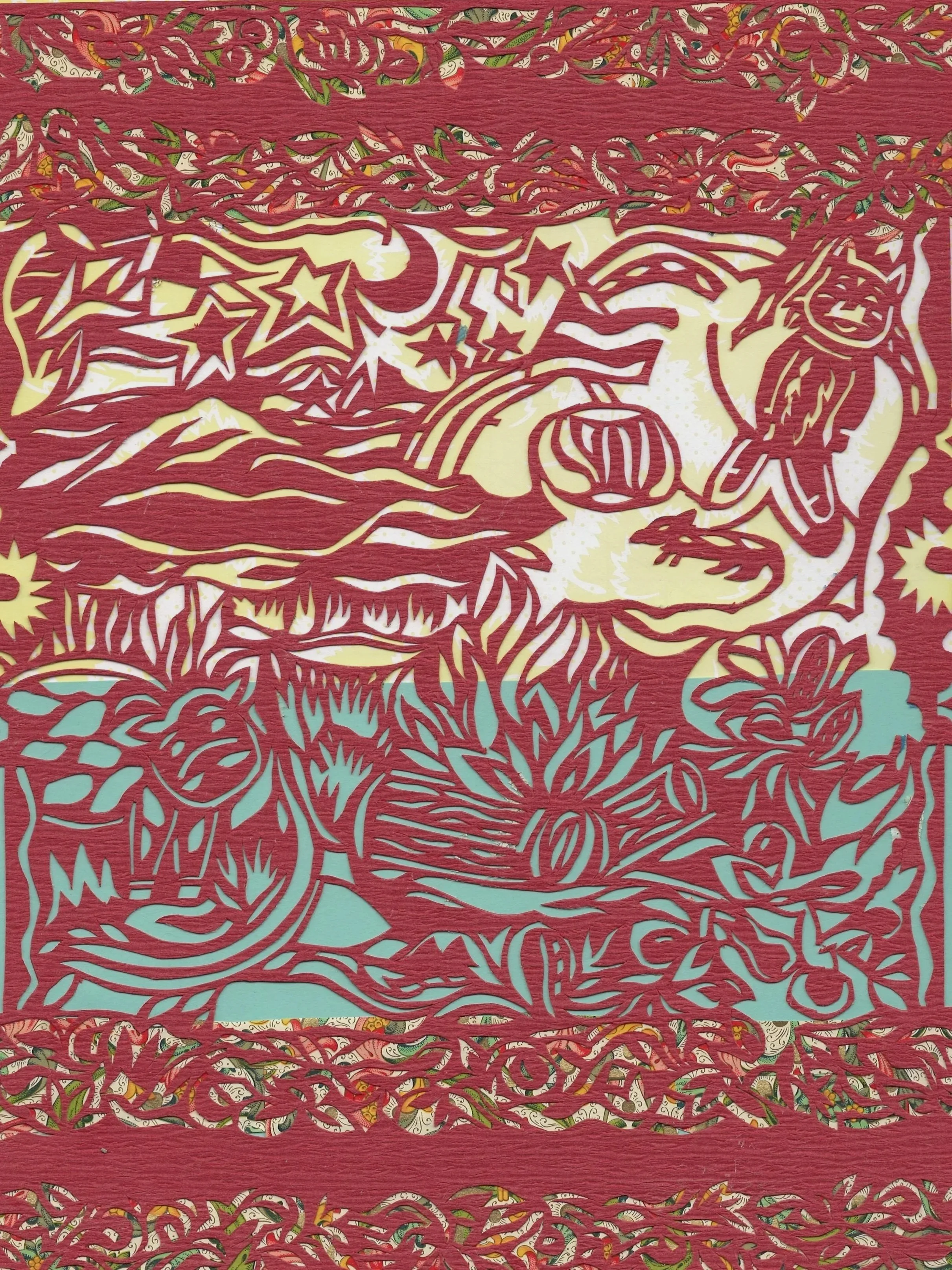 Decorative paper cut-out with floral and star shapes layered over a colorful patterned background.