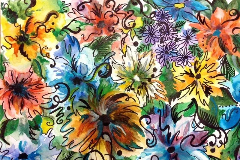 Colorful watercolor painting of various flowers and leaves with black ink outlines and swirling accents.