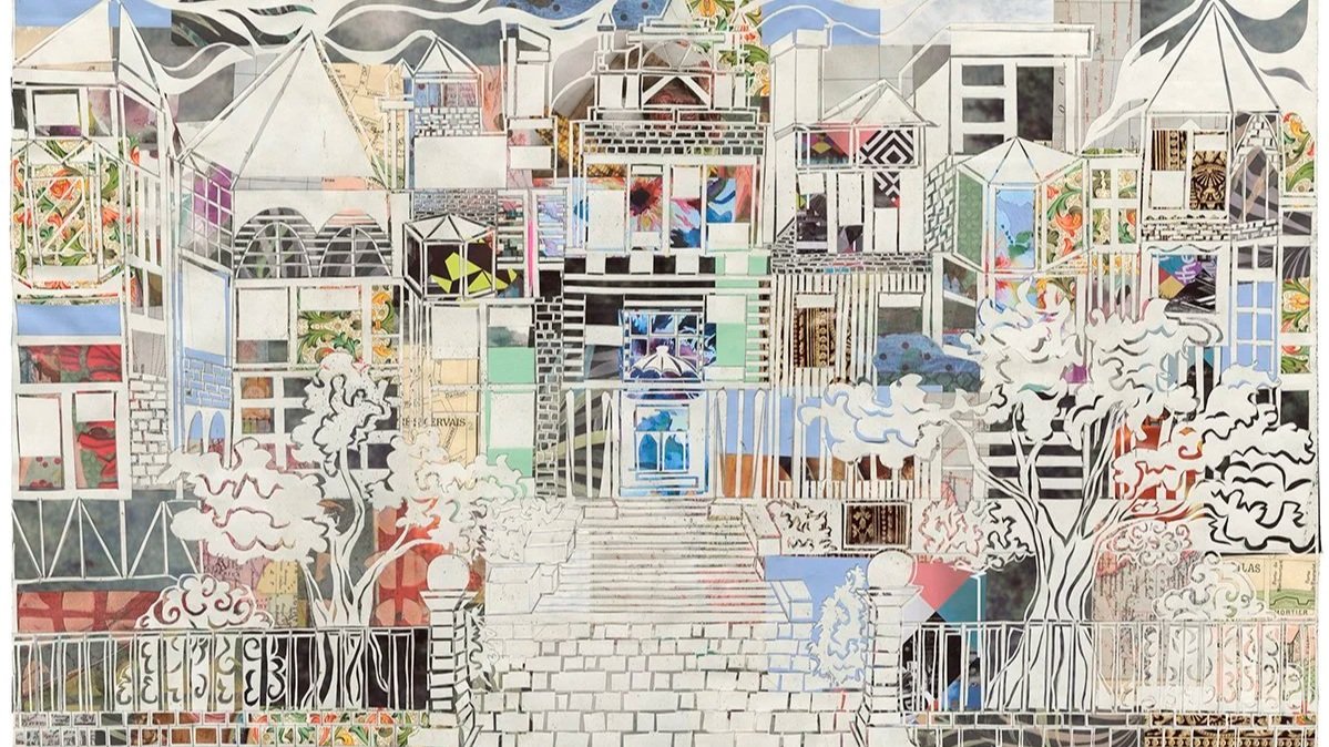 Colorful artistic illustration of a large, elaborate university building with multiple levels, stairways, and trees in the front yard.