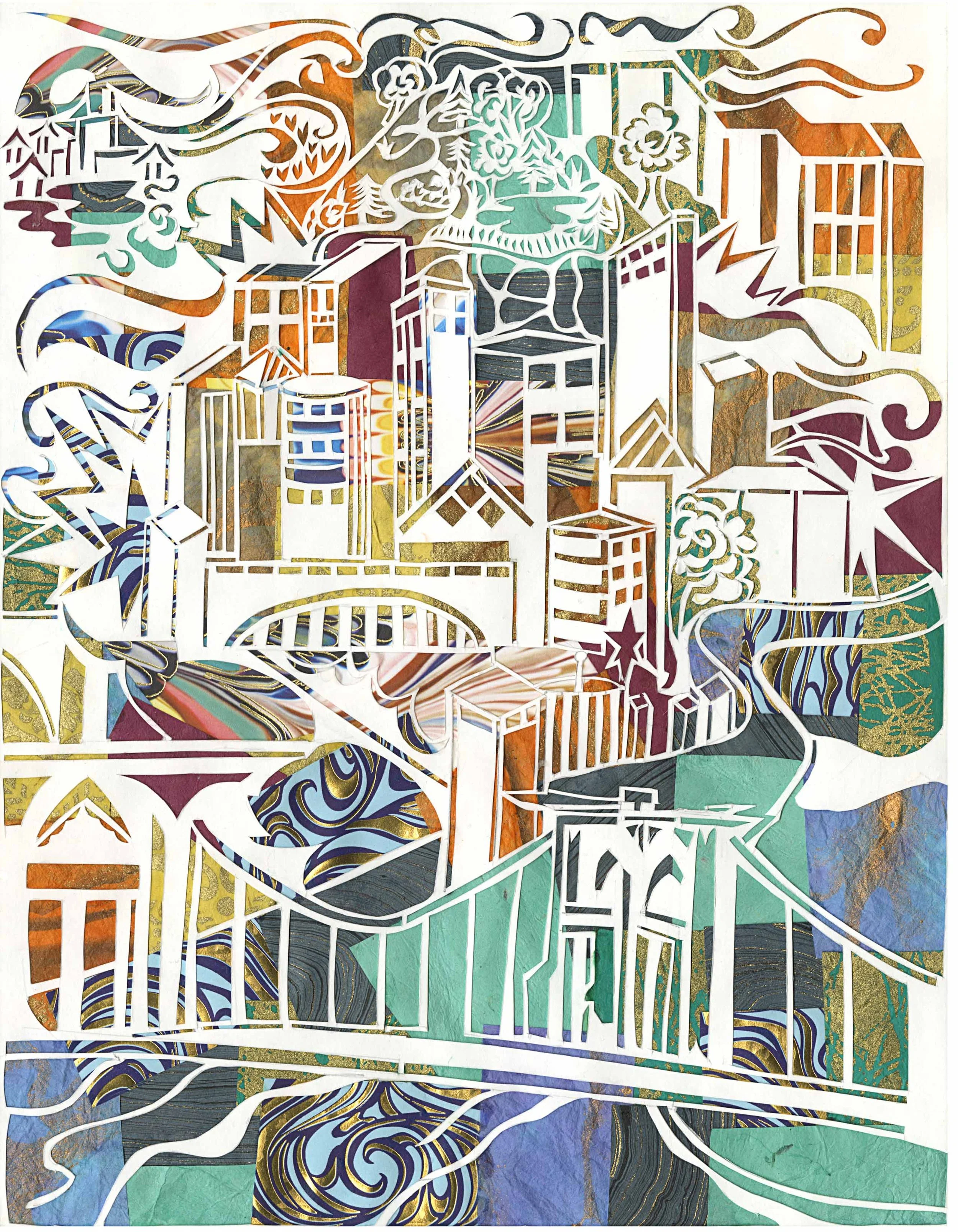 Colorful cityscape in rainbow jewel tones reminicient of New York City, with the impression of a Central Park and residential neighborhoods in the background.  Foreground features a riverfront with bridges.