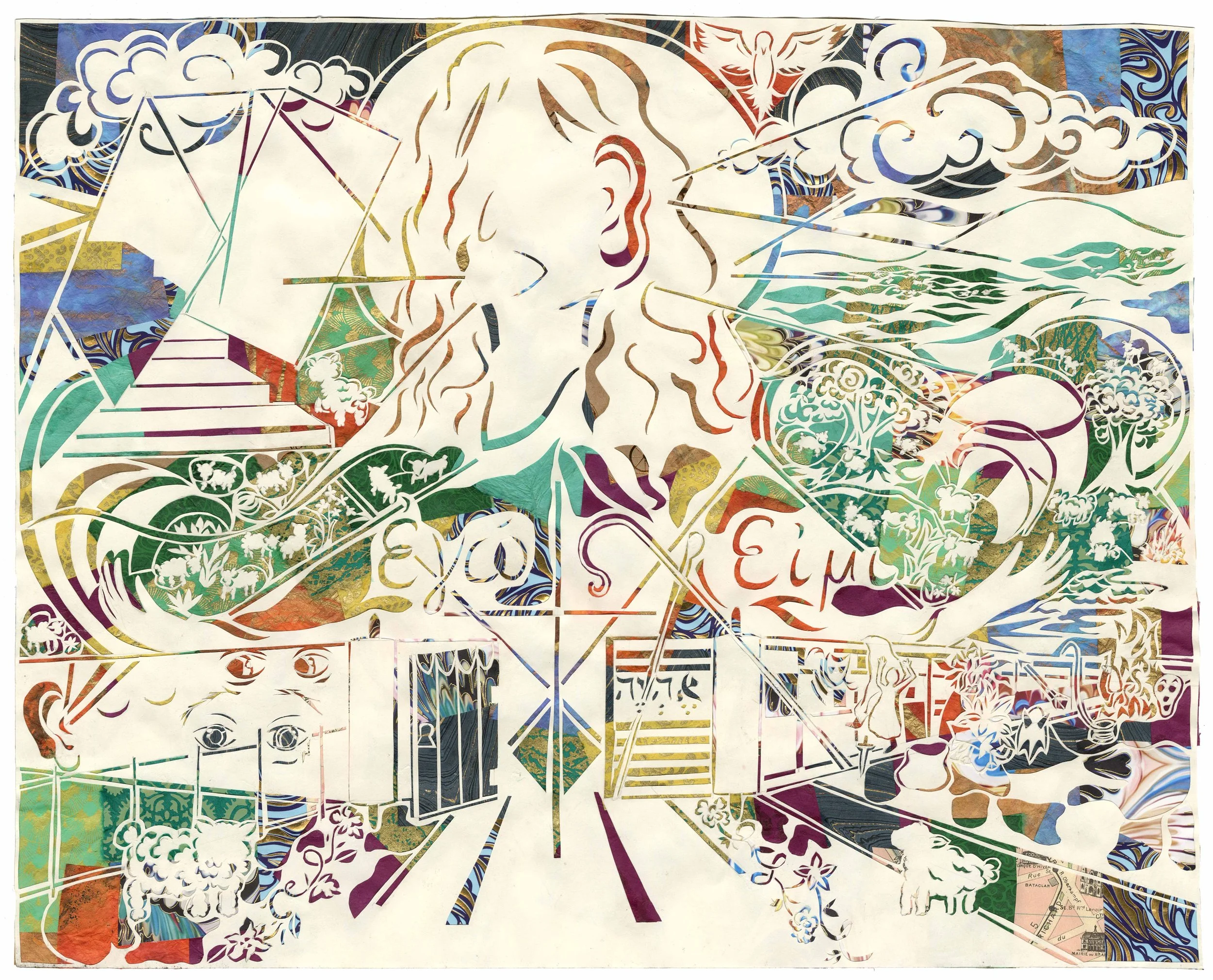 Abstract collage artwork featuring cut-out shapes of faces, clouds, waves, stairs, and intricate patterns with vivid colors and layered textures.