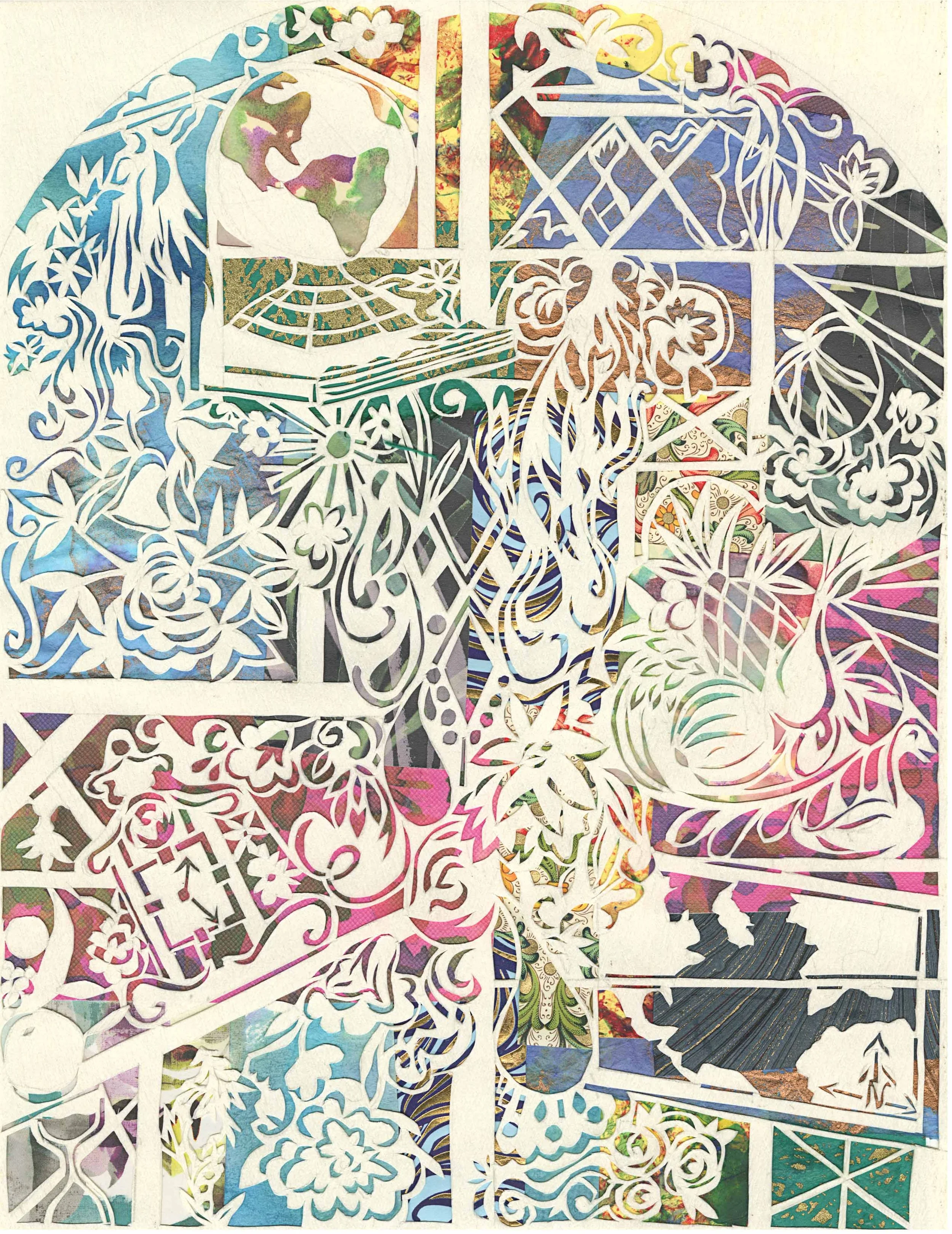 A decorative metal wall art piece featuring intricate floral and nature-inspired cutouts with colorful backgrounds visible through the cutouts.