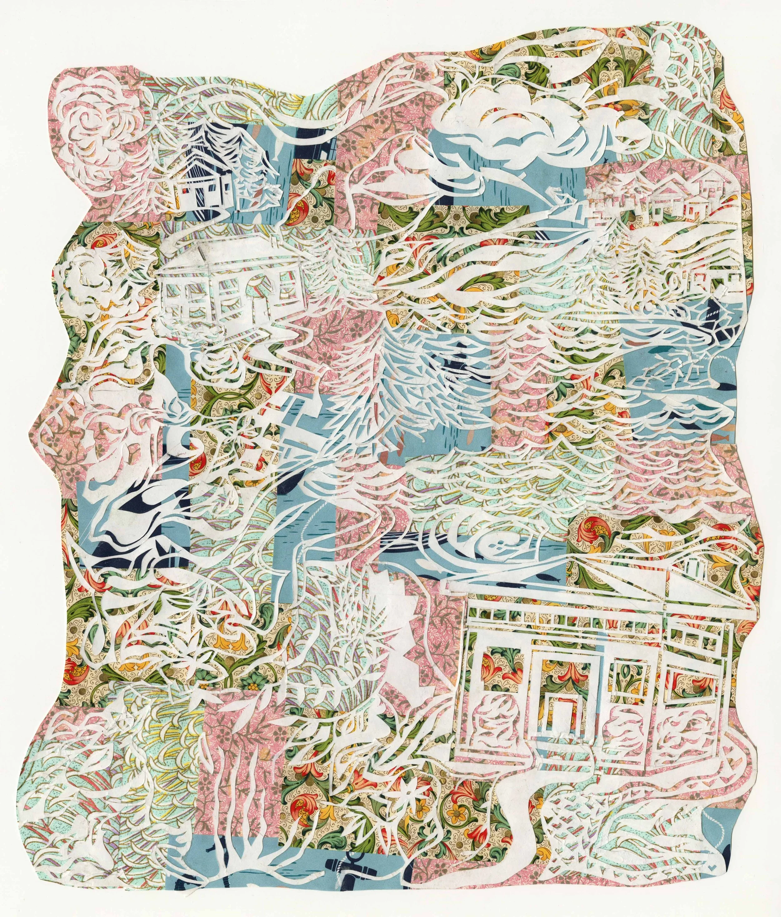 Gypsy-style paper collage with vibrant, intricate patterns and a tree silhouette.
