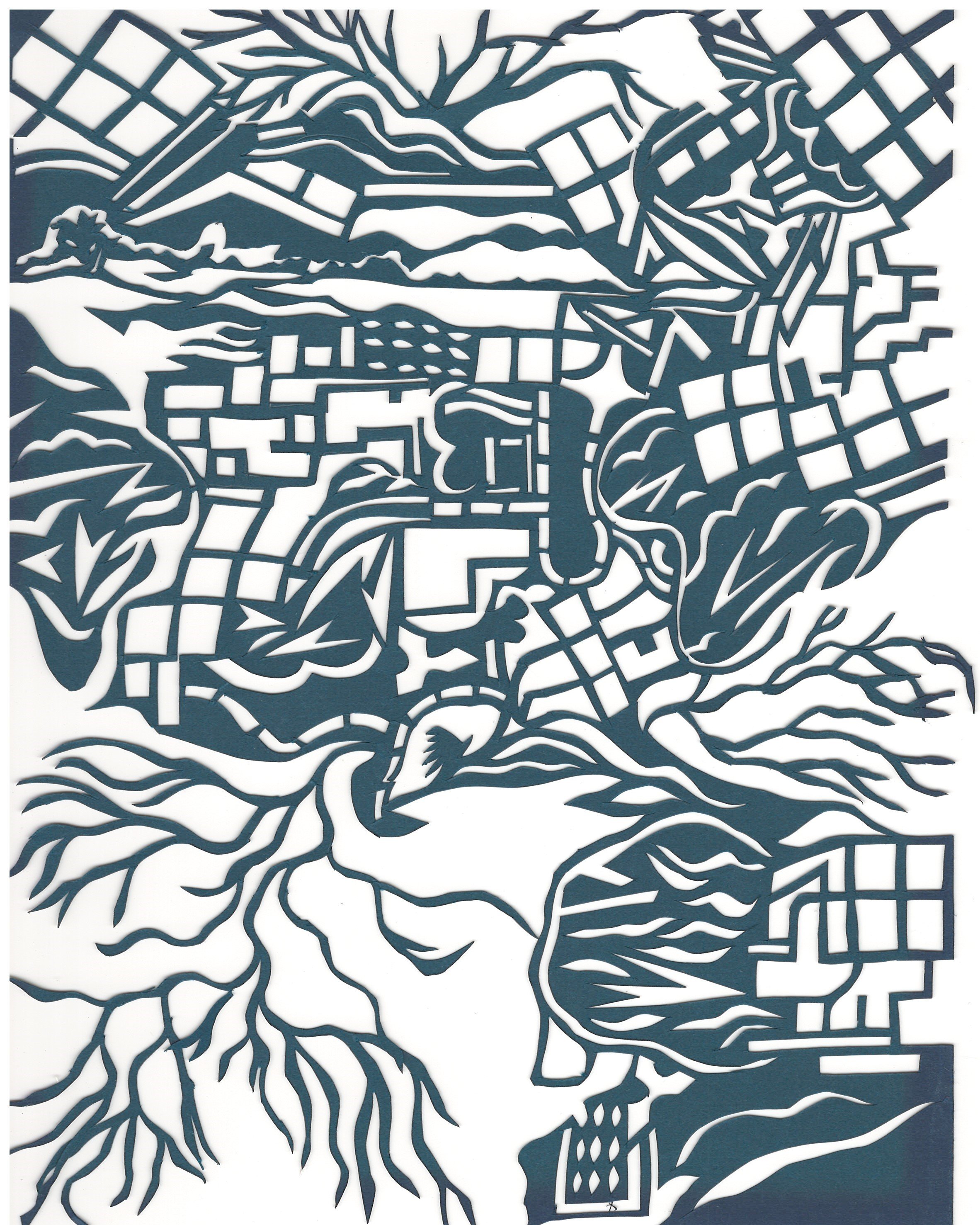 A hand-cut paper art depicting an aerial map with intricate details and patterns, surrounded by trees and natural elements.