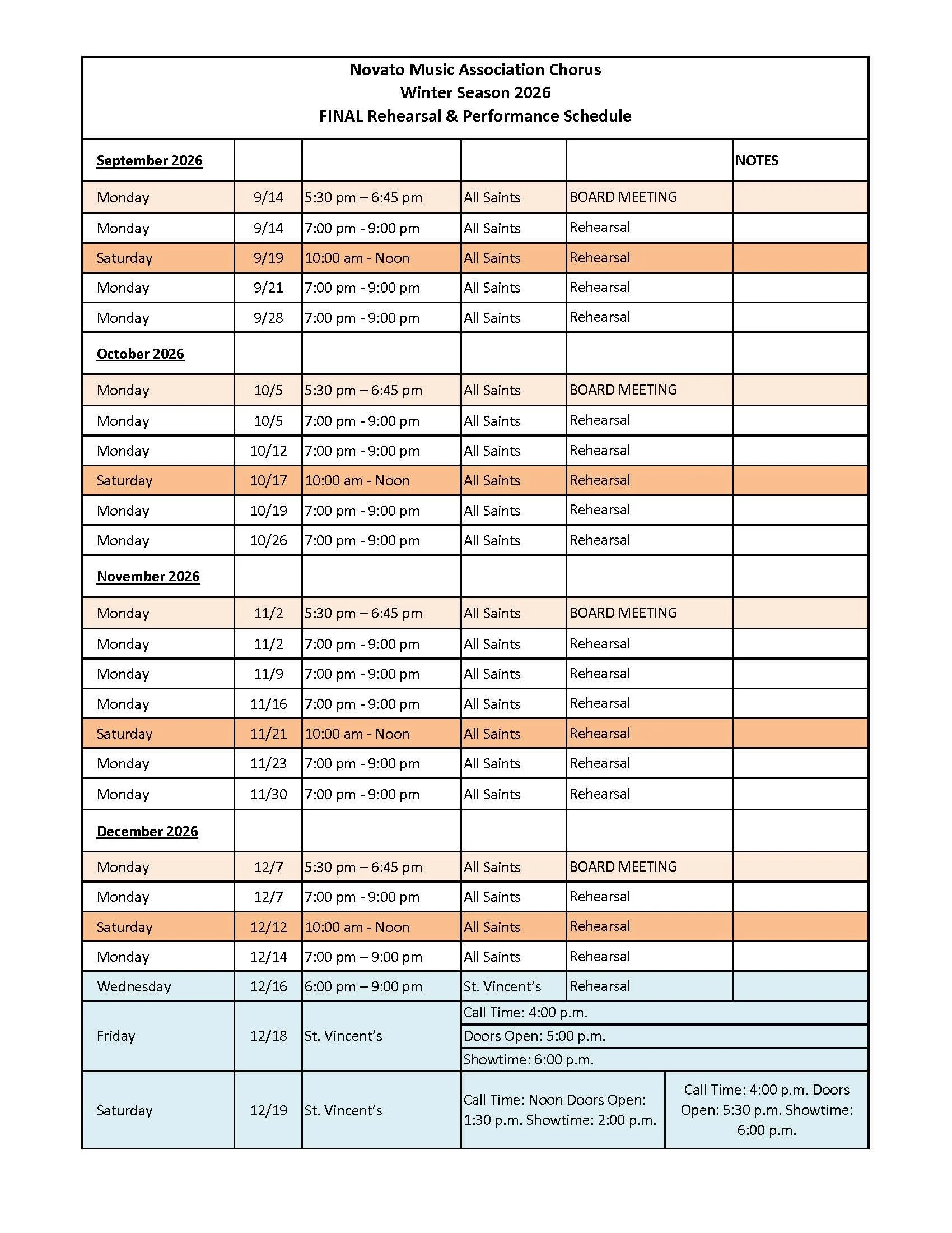 Schedule for the Novato Music Association Chorus Winter Season 2026, listing rehearsal and performance dates, times, venues, and notes from September to December 2026 with highlighted rehearsal days.