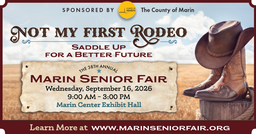 Event poster for the Marin Senior Fair, sponsored by the County of Marin, taking place on September 16, 2026, from 9:00 AM to 3:00 PM at the Marin Center Exhibit Hall. The theme is "Saddle Up for a Better Future" with a western cowboy hat and boots image.