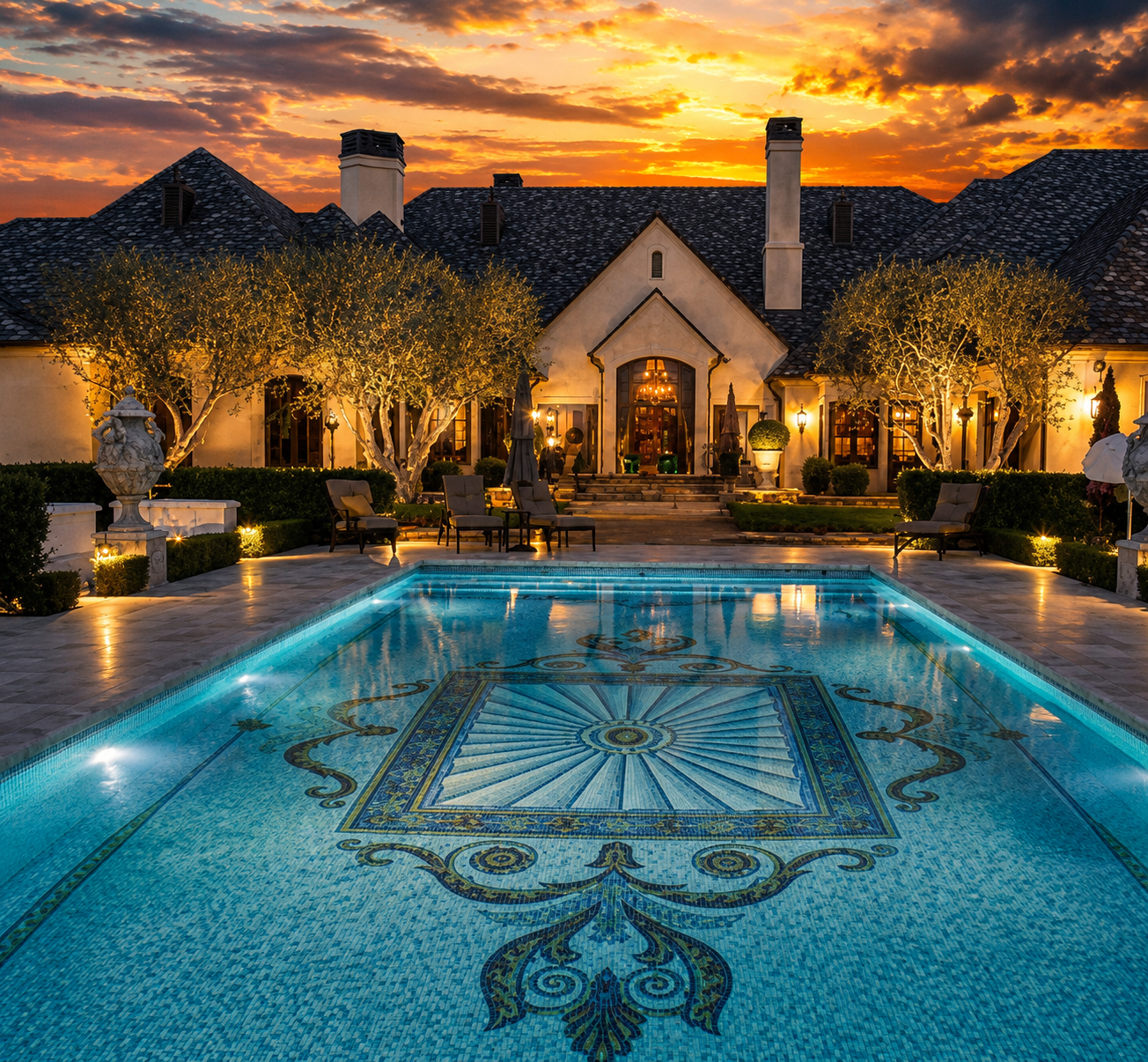 Luxury house with lit windows and backyard pool at sunset, outdoor seating, landscaped garden, and decorative mosaic on pool floor.