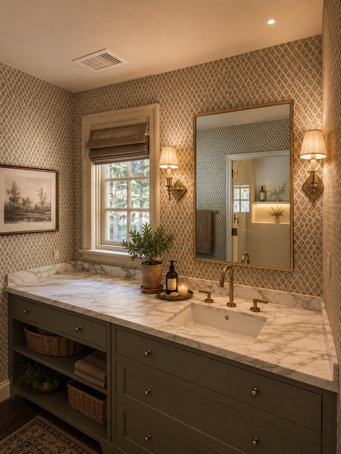 A bathroom vanity with a marble countertop, a potted plant, candles, and soap dispenser, with a mirror, wall-mounted lights, a window with Roman shade, and patterned wallpaper.