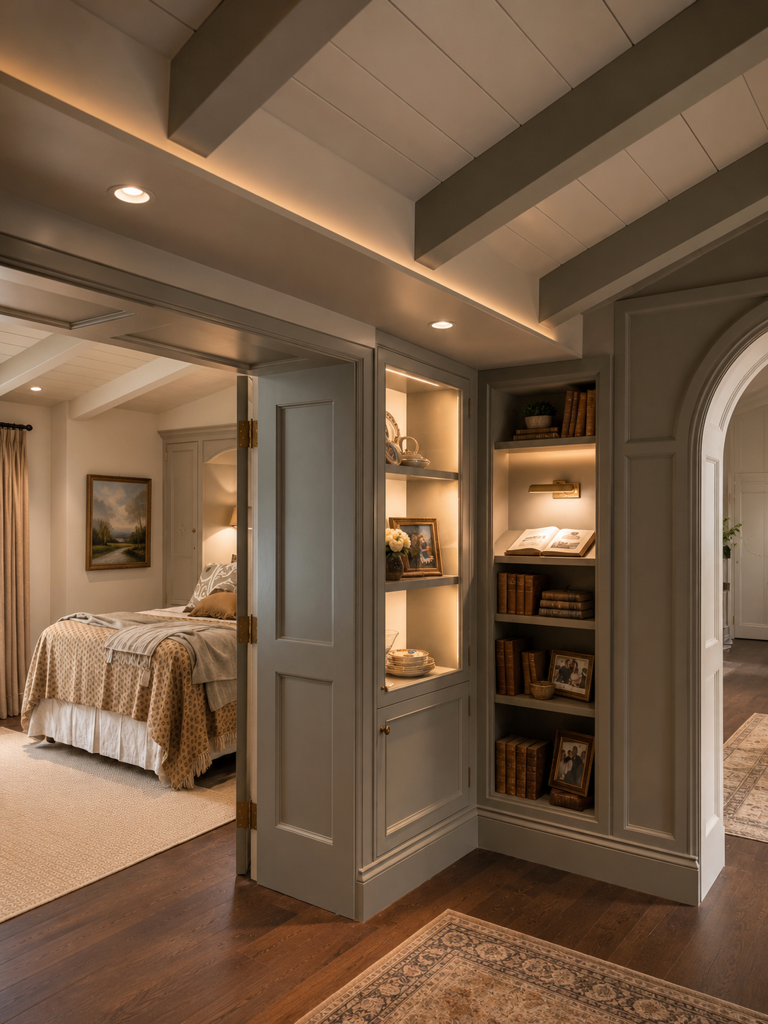 A cozy bedroom interior with a bed featuring a beige patterned blanket and pillows, visible through an open doorway. In the foreground, there is a built-in bookshelf with illuminated shelves holding books, framed photos, and decorative items. The room has warm lighting, wooden floors, and beige walls with crown molding and artwork.