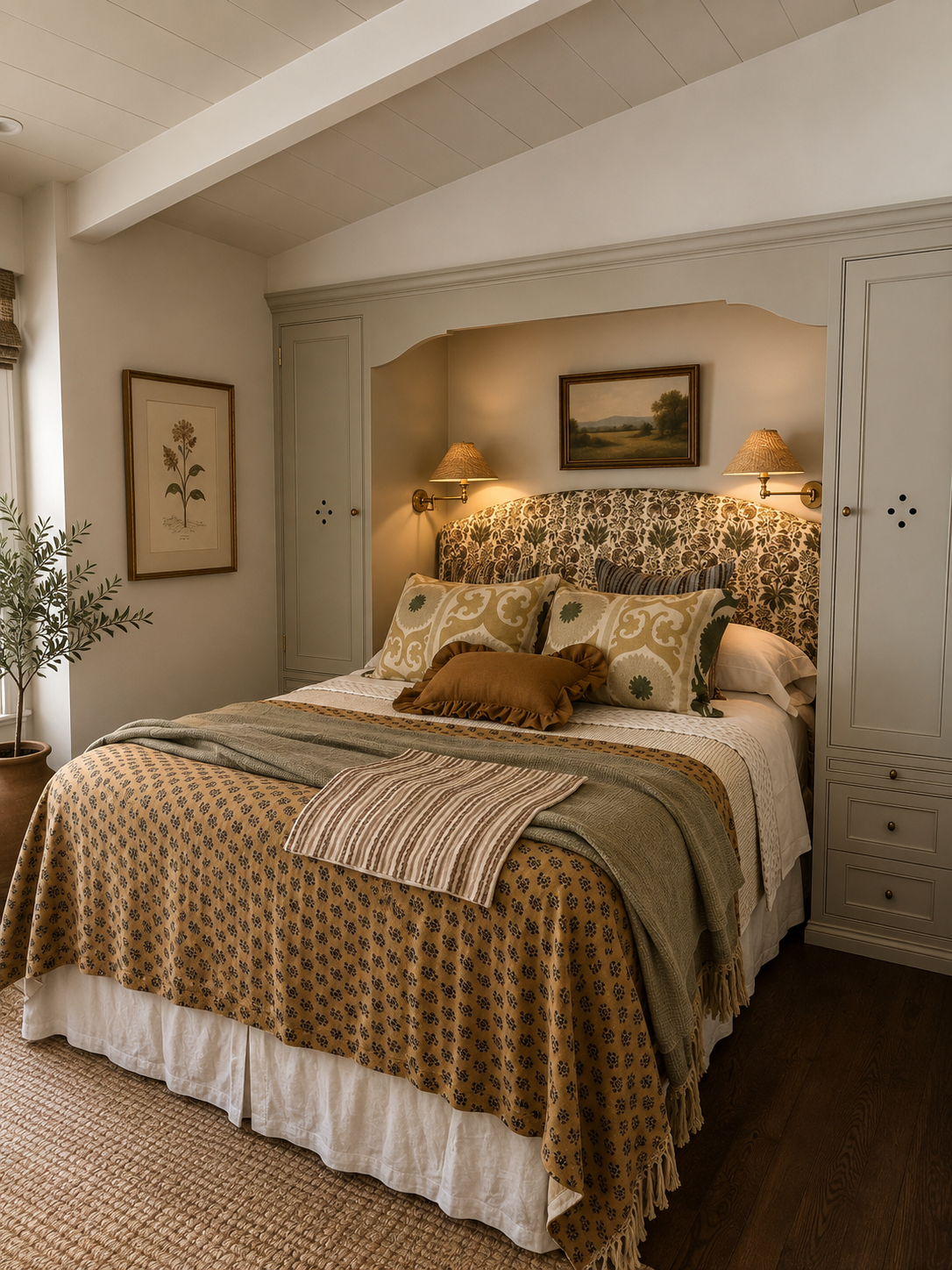 A cozy bedroom with a bed that has a decorative headboard, multiple patterned pillows, and a blanket. There are wall-mounted lamps on either side of a landscape painting above the bed, with a framed botanical print on the wall to the left and a potted plant in a clay pot near the window.