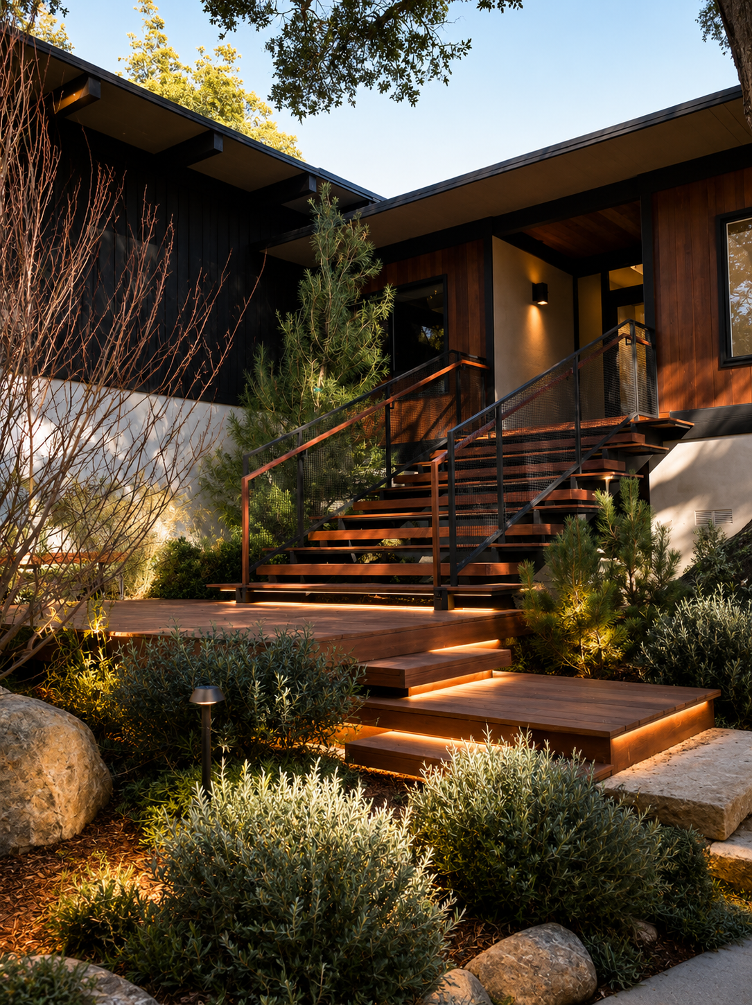 Front view of a modern house with a wooden deck and staircase, surrounded by landscaped garden with bushes, trees, rocks, and outdoor lighting, during evening hours.