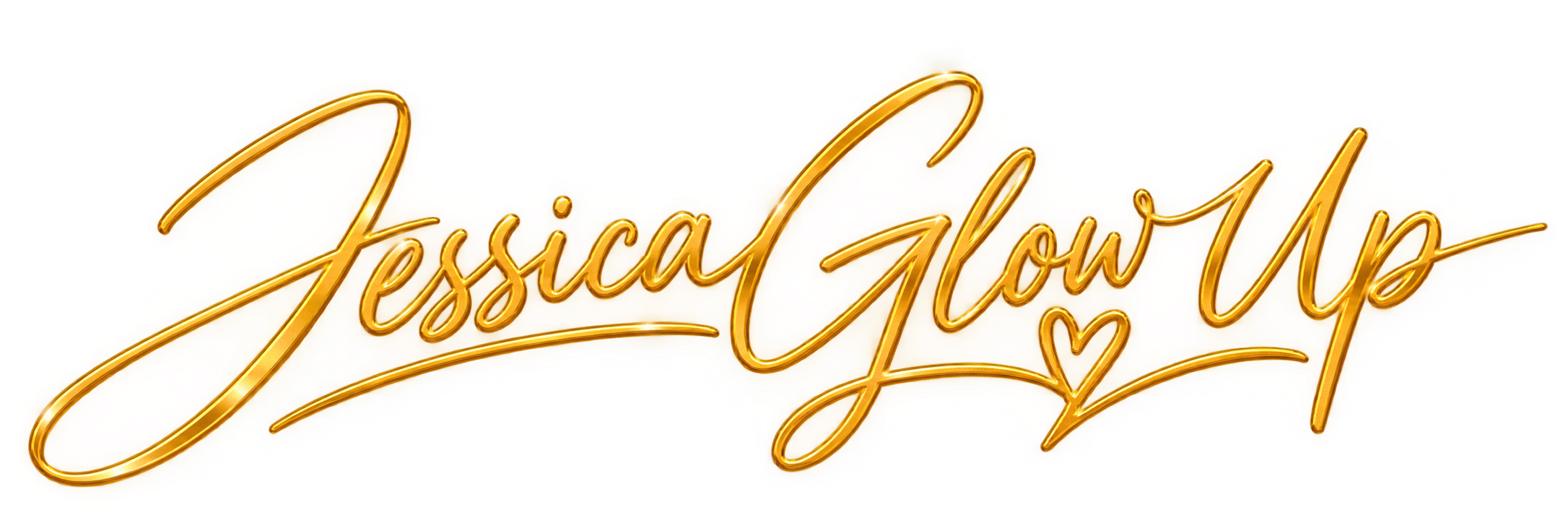 Decorative neon sign that reads 'Jessica Glow Up' in cursive gold lettering with a small heart at the bottom.