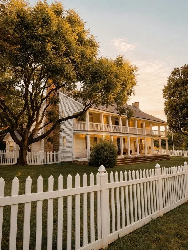 Large white house with a porch, surrounded by a white picket fence, trees, and a grassy yard at sunset.