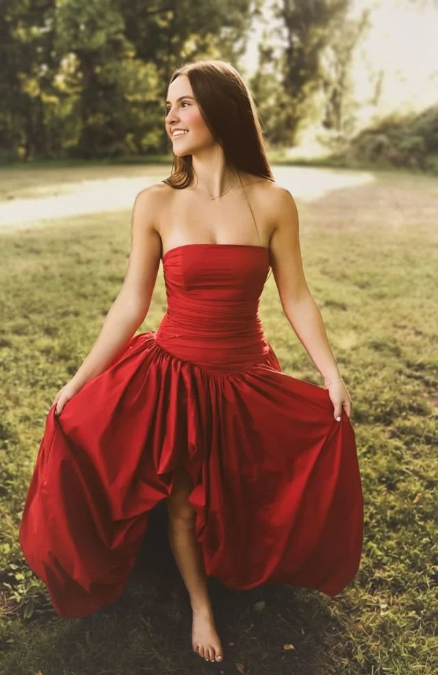 A young woman in a strapless red dress holding up the skirt while walking barefoot on grass in a park during daytime, smiling and looking to the side.