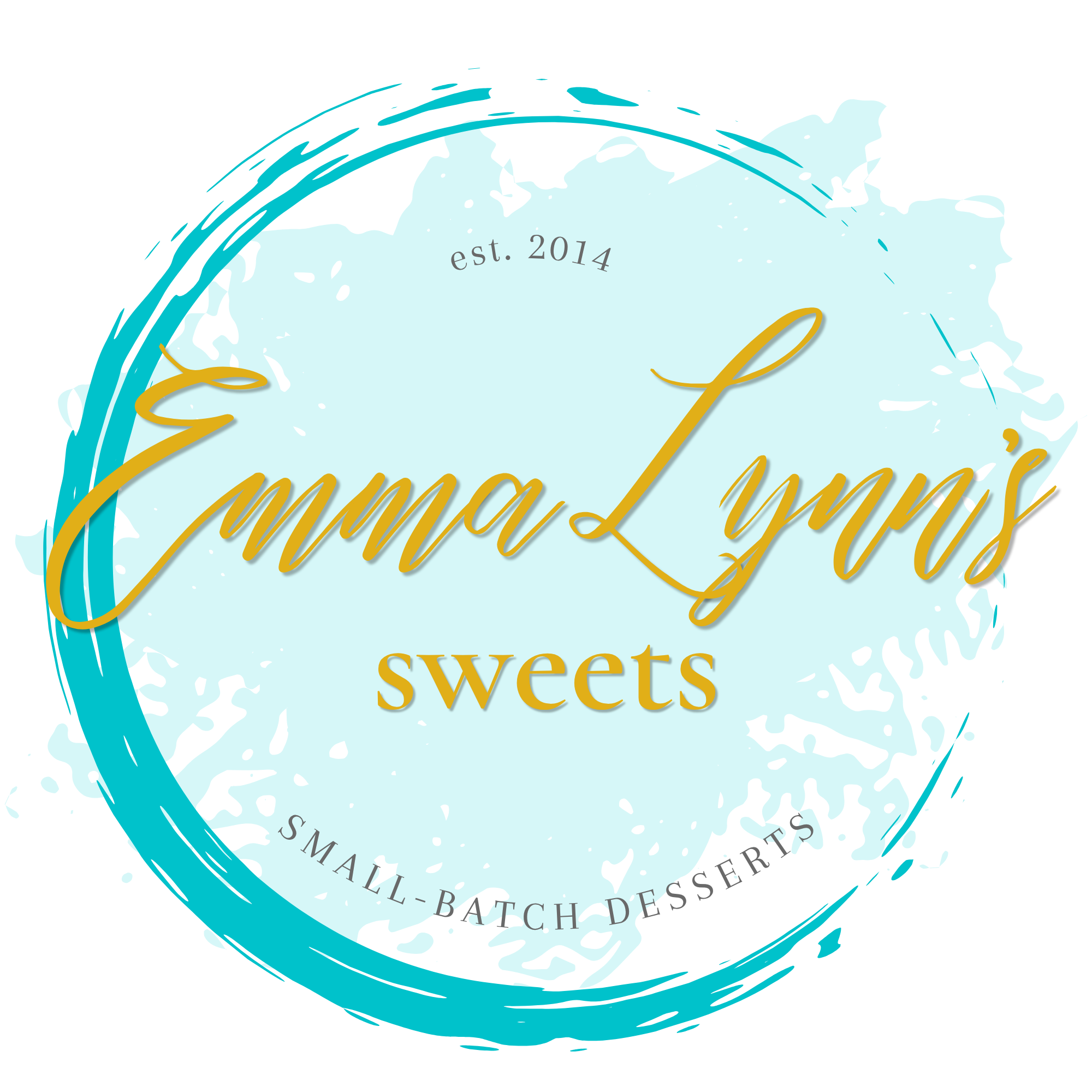 Close-up of a logo with text 'est. 2014' and 'sweets' on a turquoise background, with cursive writing and decorative elements.