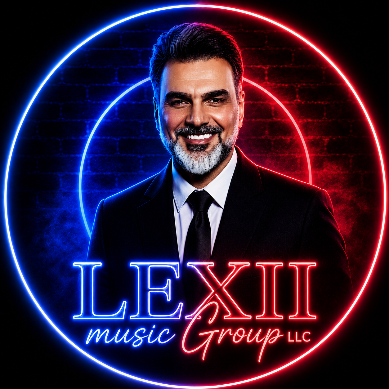 Man in a suit smiling with neon lights and the words "LEXII music Group LLC" in neon against a dark background.