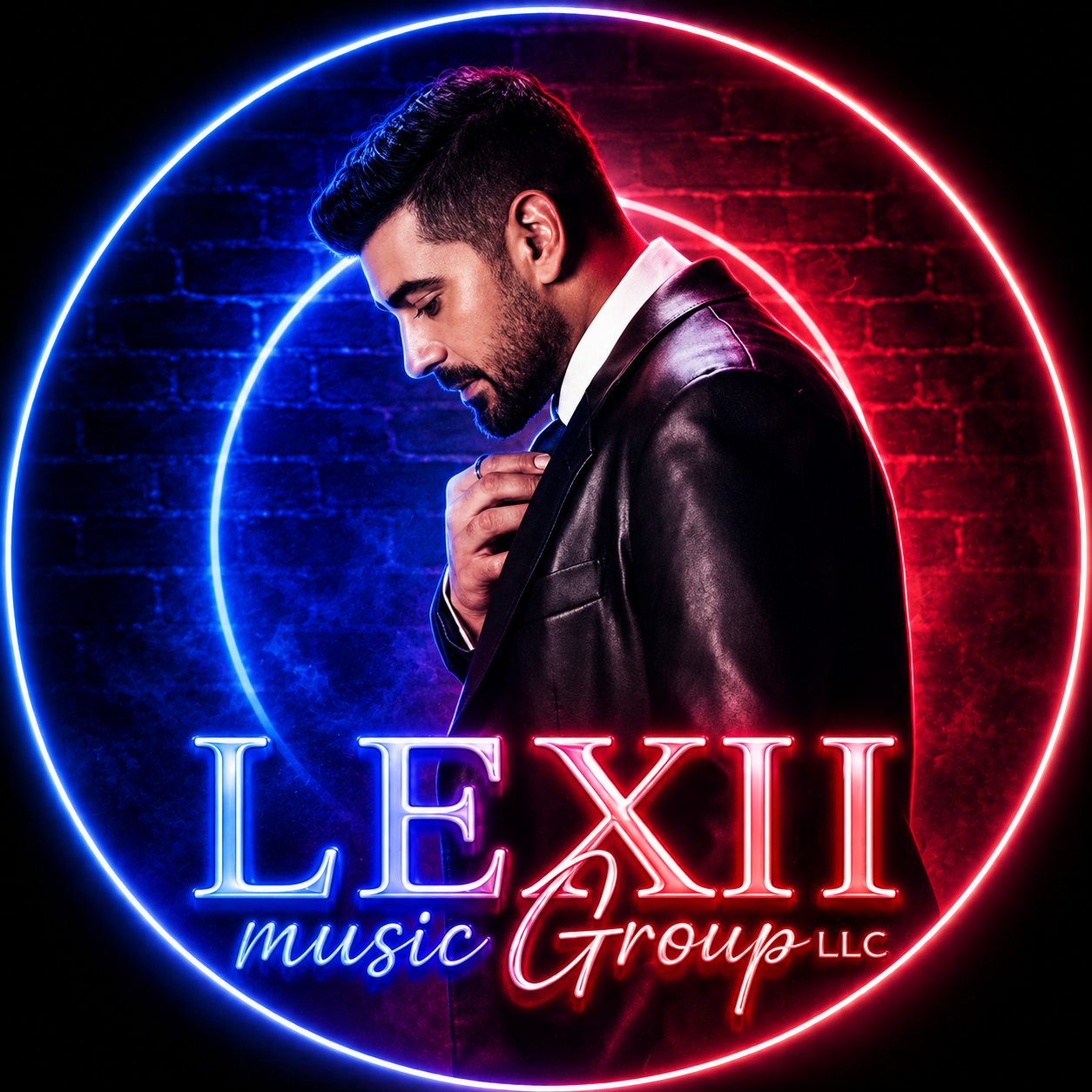 A man in a leather jacket touches his collar with a contemplative expression. Behind him are neon blue and red circles and the text 'LEXI music Group LLC' in glowing neon lettering with a dark brick wall background.