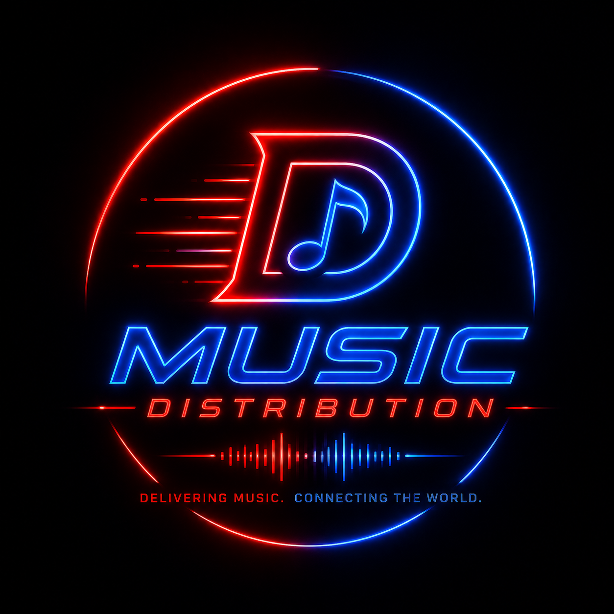 Neon sign with a large letter D containing a music note inside, the words 'Music Distribution' in blue and red, and a tagline 'Delivering Music. Connecting The World.' in red and blue, with musical waveform graphics.