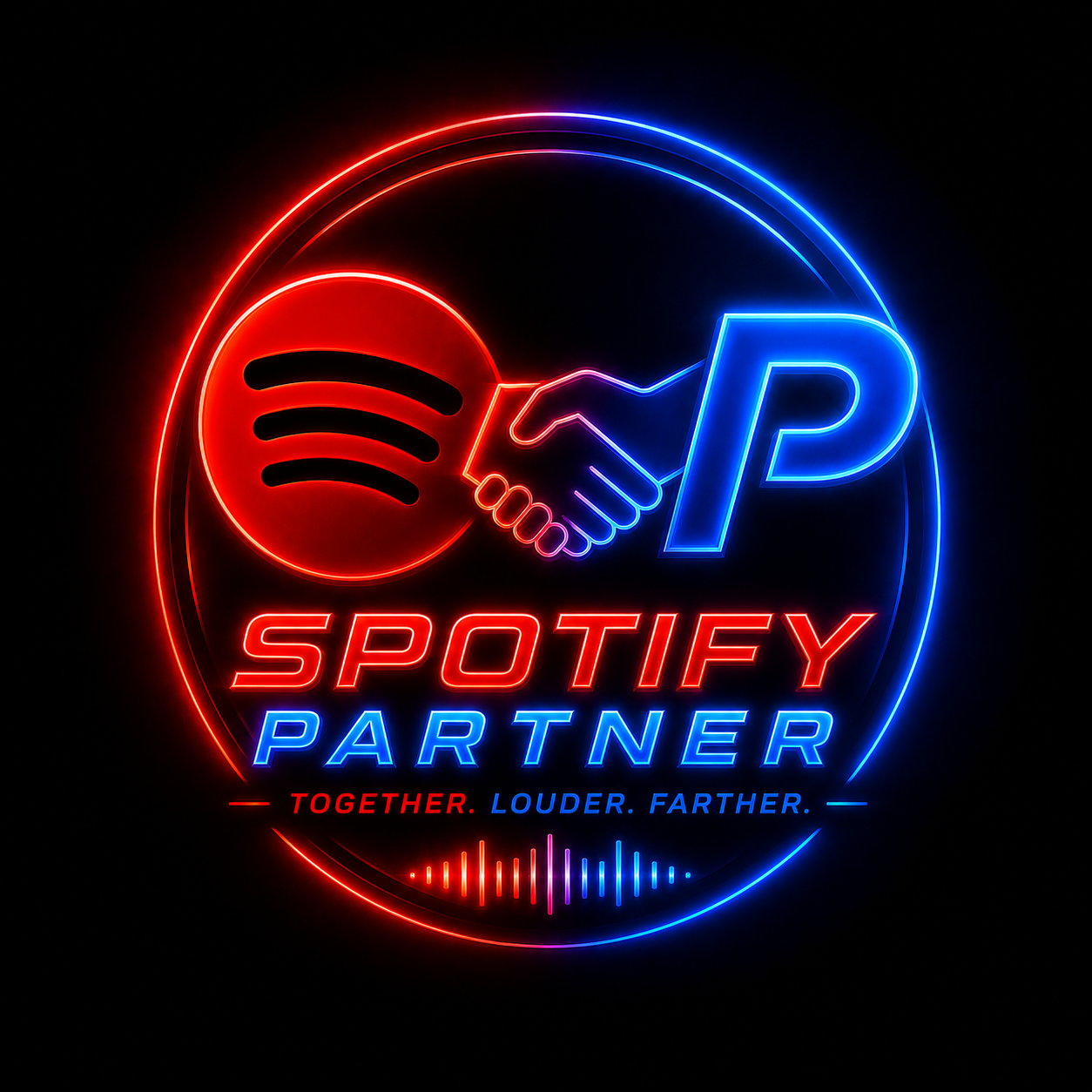 Neon sign displaying a Spotify logo, a handshake, and the words 'Spotify Partner' with the tagline 'Together. Louder. Farther.' in red and blue colors.