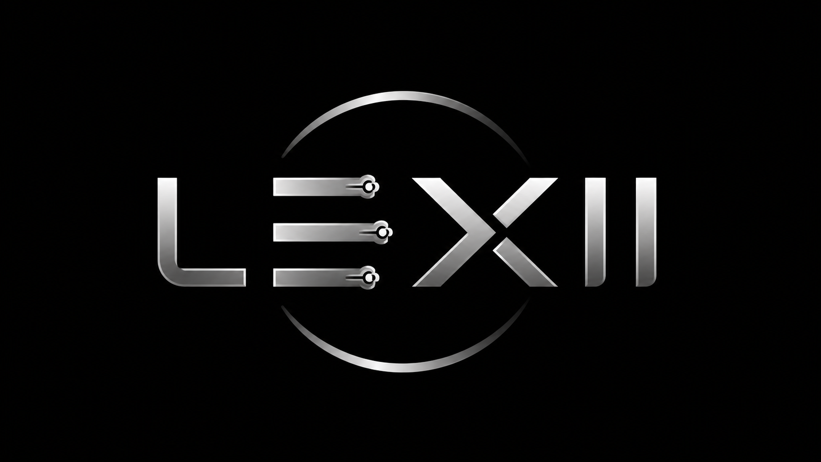 Futuristic silver logo with the words 'LE X' on a black background, featuring stylized design elements and a circular frame.