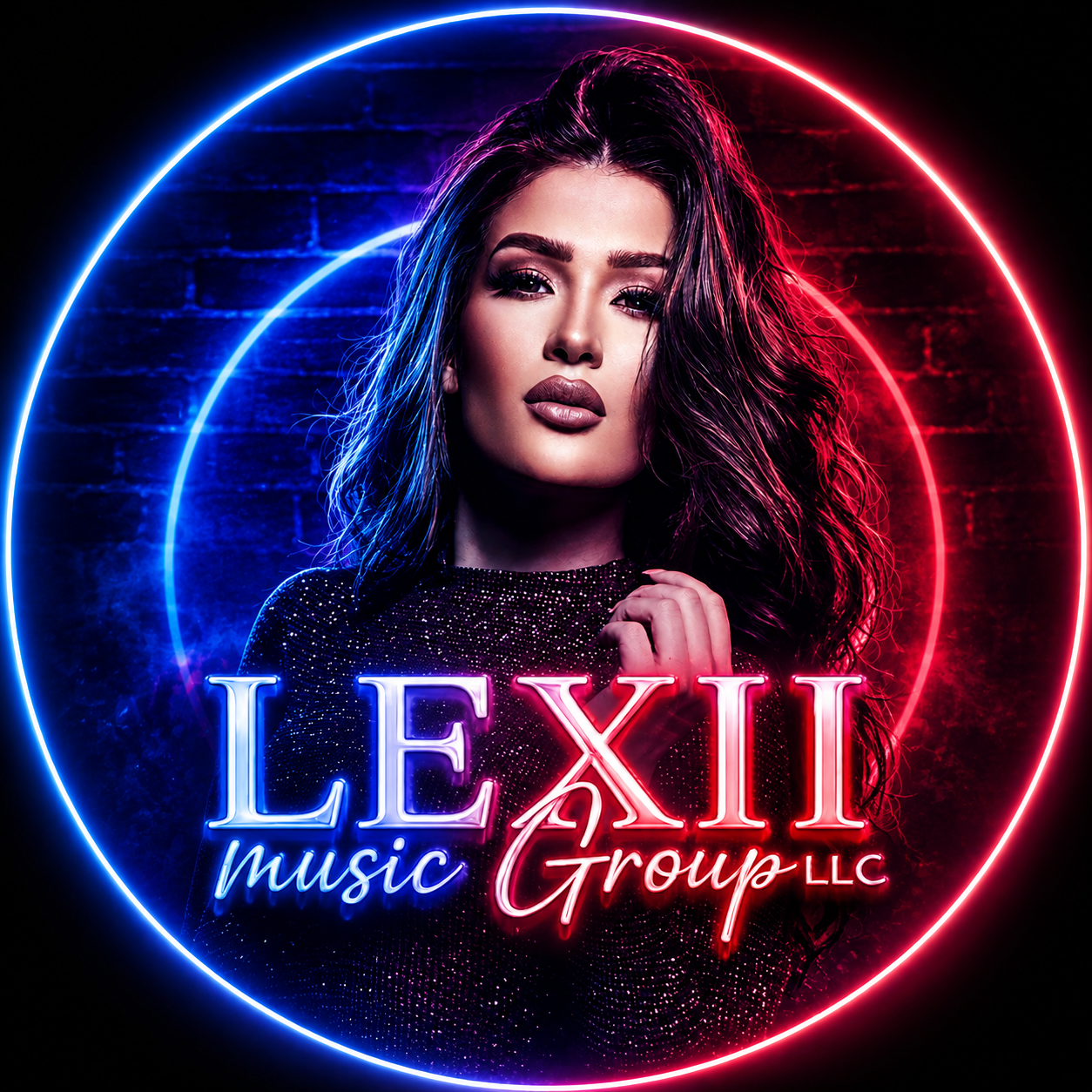 A woman with long, wavy hair and makeup, surrounded by neon red and blue circular lights, with the text 'Lexi music Group LLC' in neon style on the image
