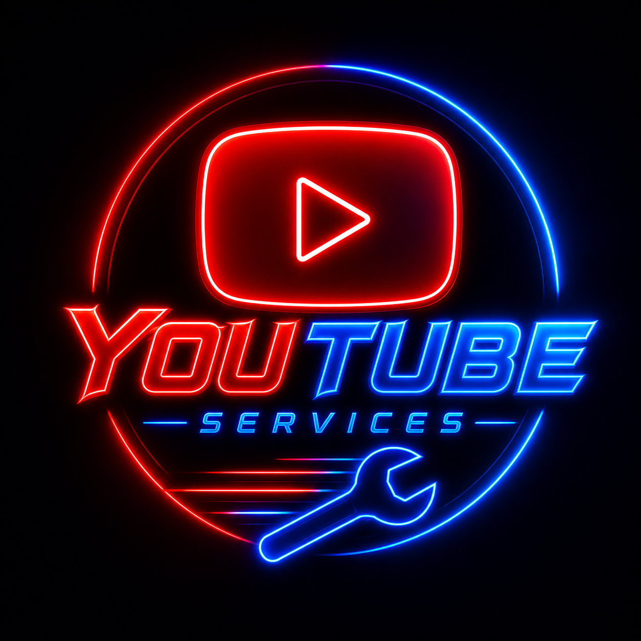Neon sign displaying the YouTube logo with the words 'YouTube Services' and a wrench icon, in red and blue colors.